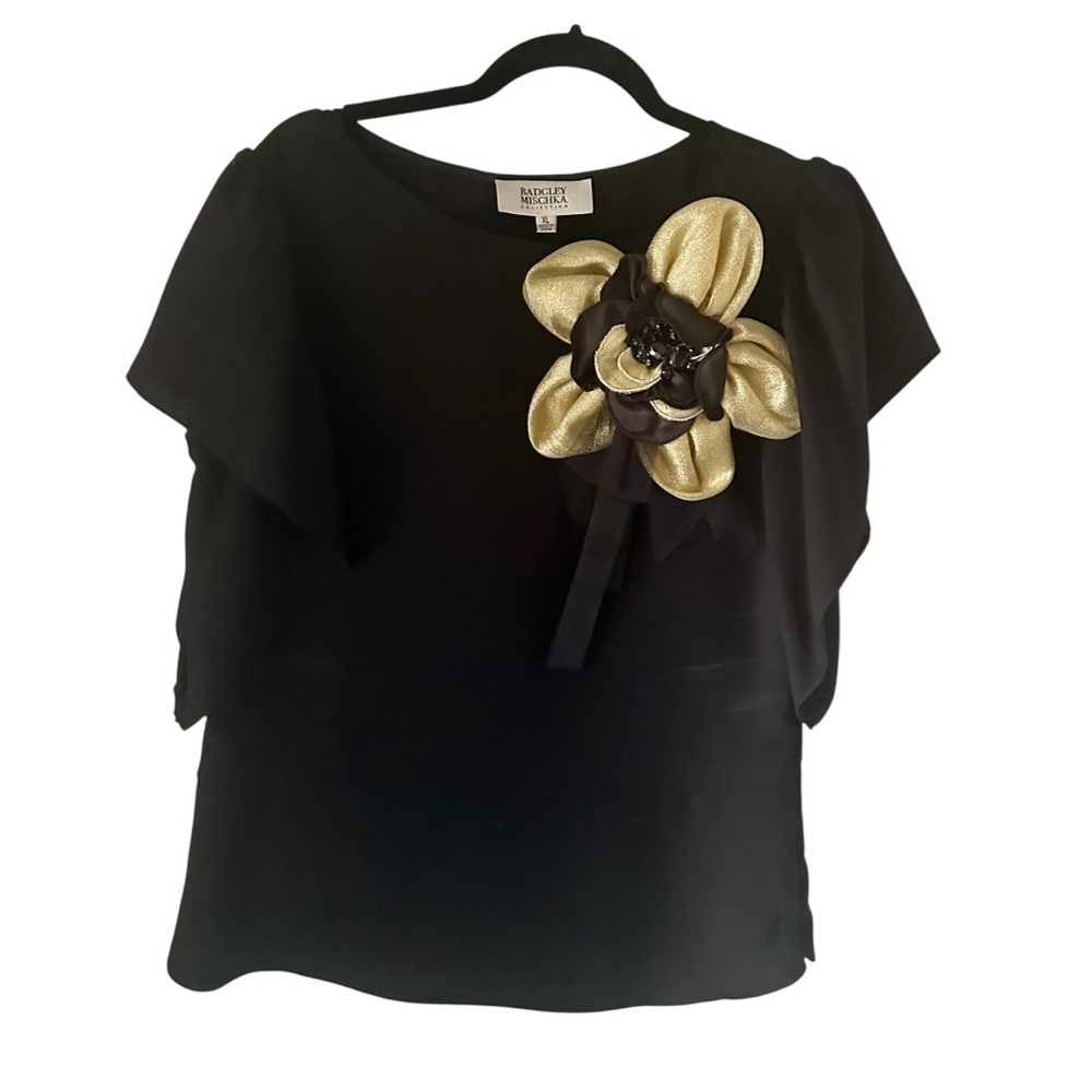 Badgley Mischka Black Blouse with Gold Floral Detail Butterfly Sleeves Size XL
